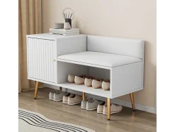 Vente-unique Schoenenkast-Moderne Schoenenbank Met 3 Deuren En Kussen - Metalen Poten En Handgrepen - Kleur Wit - 100 X 38 X 58 Cm