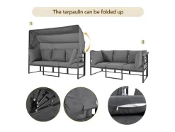 ModernLuxe Loungeset-Multifunctioneel Ijzeren Tuinmeubel - Loungebank Met Verstelbare Luifel - 5 Zitplaatsen En 1 Salontafel - Grijs