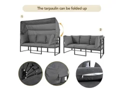 ModernLuxe Loungeset-Multifunctioneel Ijzeren Tuinmeubel - Loungebank Met Verstelbare Luifel - 5 Zitplaatsen En 1 Salontafel - Grijs