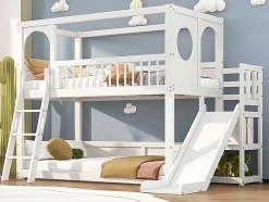ModernLuxe Aanbiedingen: Slaapkamer & Kantoor-Multifunctioneel Stapelbed Voor Kinderen - Met Ladder En Glijbaan - 2X90X200Cm - Massief Hout - Wit