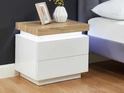 Vente-unique Nachtkastje-Nachtkastje - 2 Lades - Gelakt Mdf - Met Ledverlichting - Kleur: Wit En Eiken - Halo Ii