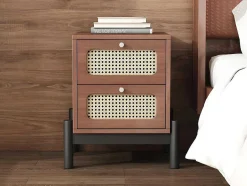 ModernLuxe Nachtkastje-Nachtkastje - 2 Pvc Rotan Lades Met Zwarte Poten - Bruin