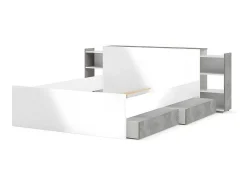 Vente-unique Hoofdeinde En Brugkast-Nada Hoofdbord Met Opbergruimte 140 Cm, Betondecor/Wit Hoogglans.