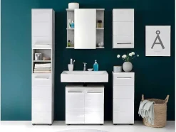 Trendteam Badkamerkast-Nanobad Kolomkast Hoog 2 Deuren, 2 Open Vakken Betonsteen Decor, Wit Hoogglans.