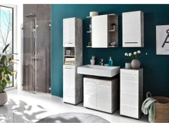 Trendteam Badkamerkast-Nanobad Kolomkast Hoog 2 Deuren, 2 Open Vakken Betonsteen Decor, Wit Hoogglans.