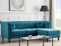 Vente-unique Chesterfield Zitbank-Omkeerbare Hoekbank Van Blauwgroen Velours Turner