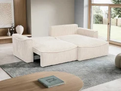Vente-unique Vierzitsbank-Omkeerbare Hoekslaapbank Van Beige Ribfluweel Met Brede Ribbels Asturio