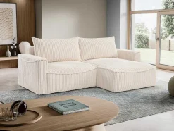 Vente-unique Vierzitsbank-Omkeerbare Hoekslaapbank Van Beige Ribfluweel Met Brede Ribbels Asturio