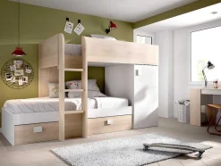 Vente-unique Kinderbed Stapelbed-Omkeerbare Hoekstapelbed Ricardo - 2 X 90X190Cm - Opbergruimte - Grijs En Wit + Matras