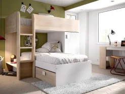 Vente-unique Kinderbed Stapelbed-Omkeerbare Hoekstapelbed Ricardo - 2 X 90X190Cm - Opbergruimte - Grijs En Wit + Matras