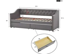 ModernLuxe Bed Met Slaaplade-Onderschuifbed, Linnen Slaapbank 90X200Cm Met 2 Lades En Lattenbodem En - Grijs