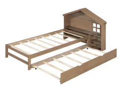 ModernLuxe Bed Met Slaaplade-Onderschuifbed Voor Kinderen - 90X200Cm - Hoofdeinde In Huisvorm - Massief Hout - Bruin
