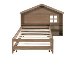 ModernLuxe Bed Met Slaaplade-Onderschuifbed Voor Kinderen - 90X200Cm - Hoofdeinde In Huisvorm - Massief Hout - Bruin