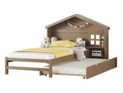 ModernLuxe Bed Met Slaaplade-Onderschuifbed Voor Kinderen - 90X200Cm - Hoofdeinde In Huisvorm - Massief Hout - Bruin