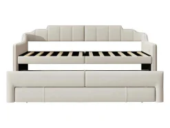 ModernLuxe Aanbiedingen: Slaapkamer & Kantoor-Onderschuifbed 90X200Cm + 90X190Cm - Gestoffeerde Slaapbank Met Lades - Katoenlinnenstof - Beige