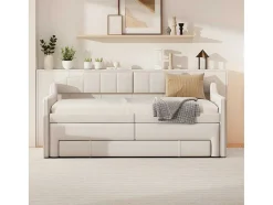 ModernLuxe Aanbiedingen: Slaapkamer & Kantoor-Onderschuifbed 90X200Cm + 90X190Cm - Gestoffeerde Slaapbank Met Lades - Katoenlinnenstof - Beige