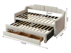 ModernLuxe Aanbiedingen: Slaapkamer & Kantoor-Onderschuifbed 90X200Cm + 90X190Cm - Gestoffeerde Slaapbank Met Lades - Katoenlinnenstof - Beige