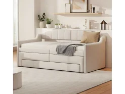 ModernLuxe Aanbiedingen: Slaapkamer & Kantoor-Onderschuifbed 90X200Cm + 90X190Cm - Gestoffeerde Slaapbank Met Lades - Katoenlinnenstof - Beige