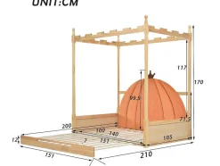 ModernLuxe Kinderbed-Onderschuifbed 140X200Cm In Massief Grenen - Fluwelen Hoofdeinde - Oranje & Wit
