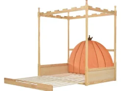 ModernLuxe Kinderbed-Onderschuifbed 140X200Cm In Massief Grenen - Fluwelen Hoofdeinde - Oranje & Wit