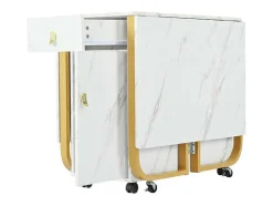 ModernLuxe Eettafel-Opklapbare Eettafel Op Wielen - Met Opbergruimte - Wit & Goud