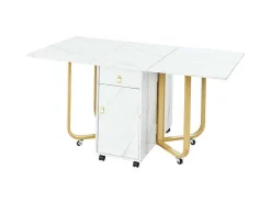 ModernLuxe Eettafel-Opklapbare Eettafel Op Wielen - Met Opbergruimte - Wit & Goud