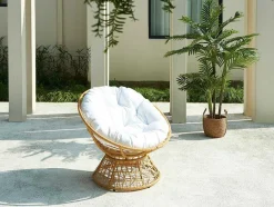 MYLIA Fauteuil-Ronde Draaifauteuil Van Gevlochten Hars - Licht Naturel Met Wit Kussen - Syndra Van