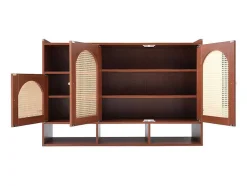ModernLuxe Schoenenkast-Rotan Opbergmeubel - 3 Gebogen Rotan Deuren En 4 Open Opbergruimtes - Bruin