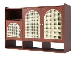 ModernLuxe Schoenenkast-Rotan Opbergmeubel - 3 Gebogen Rotan Deuren En 4 Open Opbergruimtes - Bruin