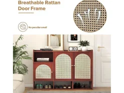 ModernLuxe Schoenenkast-Rotan Opbergmeubel - 3 Gebogen Rotan Deuren En 4 Open Opbergruimtes - Bruin