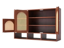 ModernLuxe Schoenenkast-Rotan Opbergmeubel - 3 Gebogen Rotan Deuren En 4 Open Opbergruimtes - Bruin