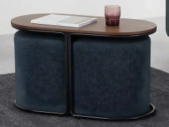 Vente-unique Salontafel-Salontafel + 2 Poefs Van Stof - Naturel En Blauw - Adar