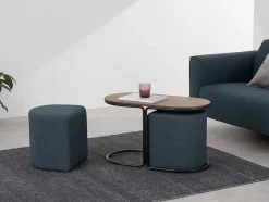 Vente-unique Salontafel-Salontafel + 2 Poefs Van Stof - Naturel En Blauw - Adar