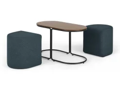 Vente-unique Salontafel-Salontafel + 2 Poefs Van Stof - Naturel En Blauw - Adar