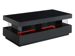 Vente-unique Salontafel-Salontafel Fabio - Zwart Gelakt Mdf - Met Leds - 2 Lades En 2 Nissen