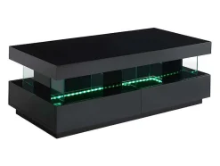 Vente-unique Salontafel-Salontafel Fabio - Zwart Gelakt Mdf - Met Leds - 2 Lades En 2 Nissen