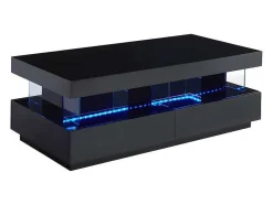 Vente-unique Salontafel-Salontafel Fabio - Zwart Gelakt Mdf - Met Leds - 2 Lades En 2 Nissen