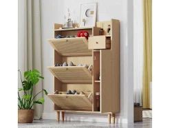 ModernLuxe Schoenenkast-Schoenenkast In Hout En Rotan - 3 Klepdeuren En 1 Lade - Verstelbare Plank - Naturel