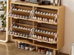 ModernLuxe Schoenenkast-Schoenenkast In Hout En Rotan - 4 Klepdeuren - Naturel