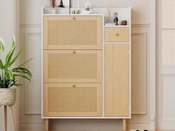 ModernLuxe Schoenenkast-Schoenenkast In Hout En Rotan - 3 Klepdeuren En 1 Lade - Verstelbare Plank - Naturel & Wit