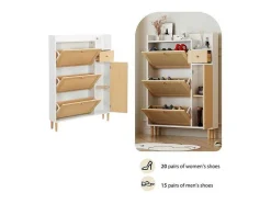 ModernLuxe Schoenenkast-Schoenenkast In Hout En Rotan - 3 Klepdeuren En 1 Lade - Verstelbare Plank - Naturel & Wit