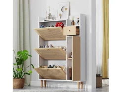 Vente-unique Schoenenkast-Schoenenkast Met 3 Klepdeuren En 1 Lade Afmeting 90L X 17B X 125H Cm Houtlook Rotan Rieteffect Kleur Wit + Eiken