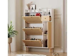 Vente-unique Schoenenkast-Schoenenkast Met 3 Klepdeuren En 1 Lade Afmeting 90L X 17B X 125H Cm Houtlook Rotan Rieteffect Kleur Wit + Eiken