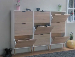 Vente-unique Schoenenkast-Schoenenkasten Napoli (Set Van Drie) Met 3 Lades Wit / Eiken.