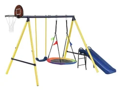 Vente-unique Spel Voor Buiten-Schommel Met Glijbaan Voor Kinderen - Metalen Frame - Buitenspeeltuin Voor Kinderen Van 3 Tot 8 Jaar - Geel