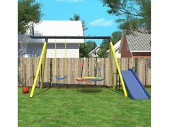 Vente-unique Spel Voor Buiten-Schommel Met Glijbaan Voor Kinderen - Metalen Frame - Buitenspeeltuin Voor Kinderen Van 3 Tot 8 Jaar - Geel