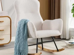 ModernLuxe Fauteuil Stof-Schommelstoel - Relaxstoel Voor In De Woonkamer - Opgevuld Met Teddypluche - Vakjes Aan De Zijkant Van De Armleuningen - Houten Onderstel - Wit