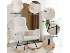 ModernLuxe Fauteuil Stof-Schommelstoel - Relaxstoel Voor In De Woonkamer - Opgevuld Met Teddypluche - Vakjes Aan De Zijkant Van De Armleuningen - Houten Onderstel - Wit