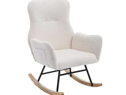 ModernLuxe Fauteuil Stof-Schommelstoel - Relaxstoel Voor In De Woonkamer - Opgevuld Met Teddypluche - Vakjes Aan De Zijkant Van De Armleuningen - Houten Onderstel - Wit