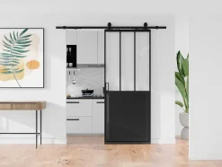 Vente-unique Schuifdeur-Schuifdeur Werkplaatsstijl Met Rails - Zwart En Mat Gehard Glas - H205 Cm X L93 Cm - Artisto Ii